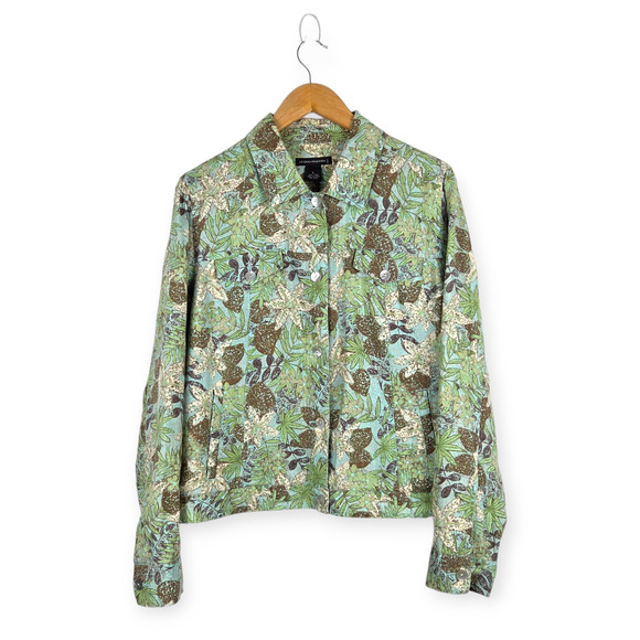 Statements Green Brown Leaf Floral Linen Lightweight Jacket‎ Size Large Tropical - Picture 1 of 8